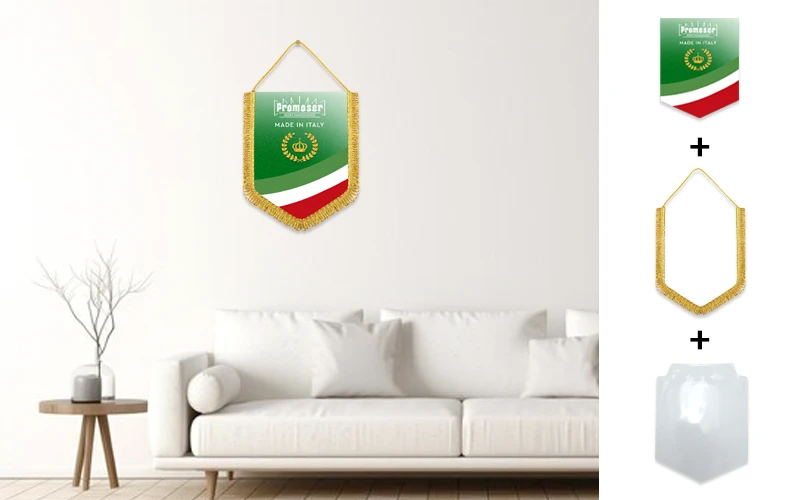 Gagliardetto pentagonale personalizzato, modello 13. Fotomontaggio su parete.