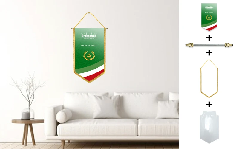 Gagliardetto pentagonale personalizzato, modello 14. Fotomontaggio su parete.
