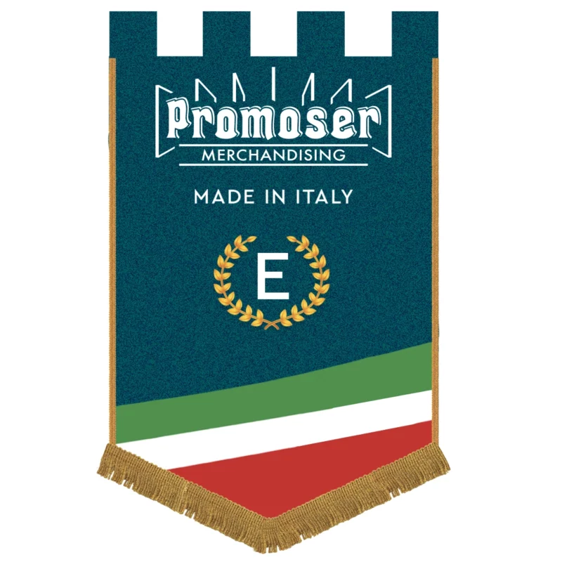 Stendardi personalizzati. Foto frontale di esempio, di uno stendardo, detto anche gonfalone, a forma pentagonale. Modello E.