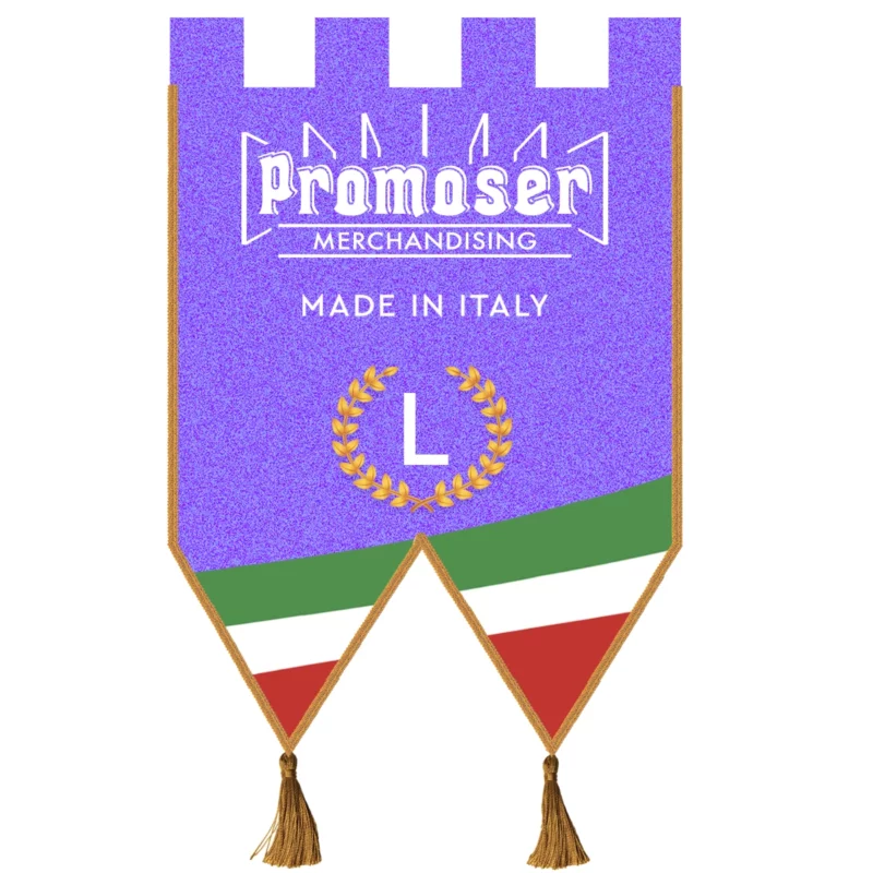 Stendardi personalizzati. Foto frontale di esempio, di uno stendardo, detto anche gonfalone, a coda. Modello L.