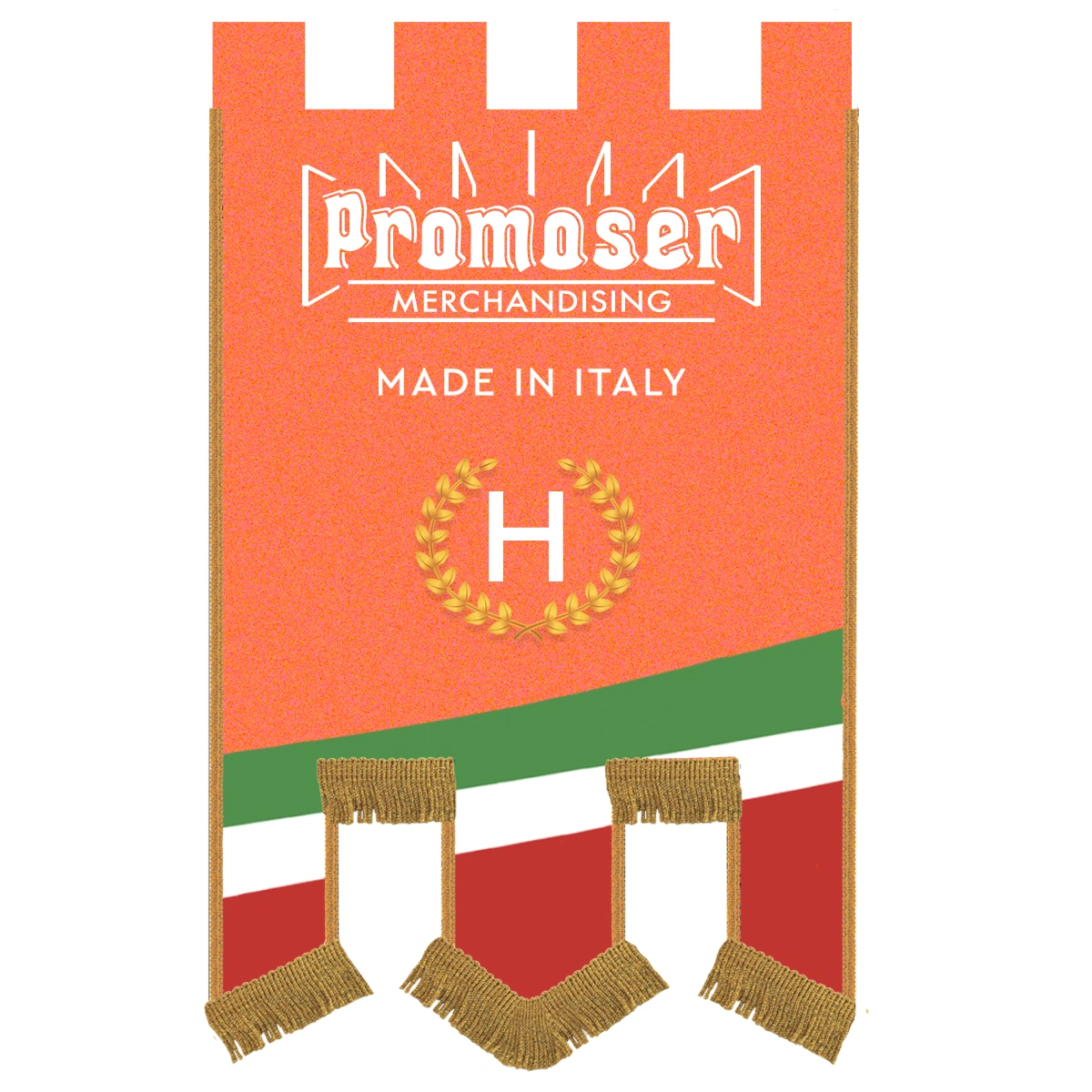 stendardo-merlato-lusso-H-fronte Stendardi personalizzati. Foto frontale di esempio, di uno stendardo, detto anche gonfalone, merlato. Modello H.