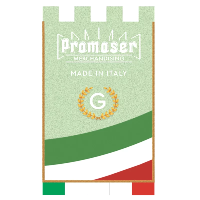 Stendardi personalizzati. Foto frontale di esempio, di uno stendardo, detto anche gonfalone, merlato tricolore. Modello G.