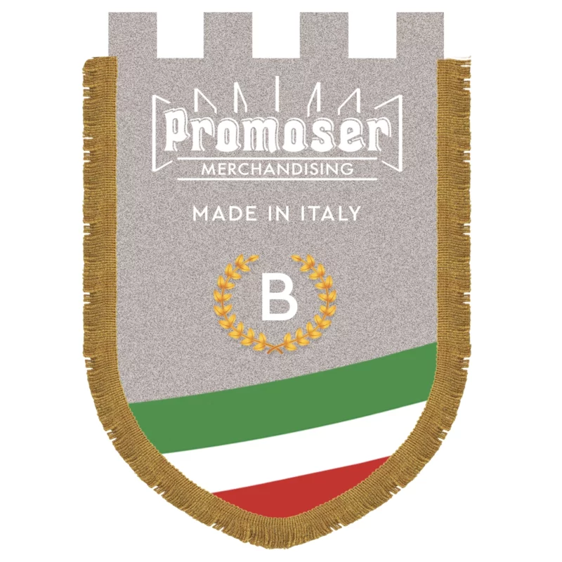 Stendardi personalizzati. Foto frontale di esempio, di uno stendardo, detto anche gonfalone, a forma di scudo. Modello B.