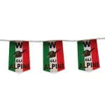 Filari bandierine rettangolari italiane con scritta "W gli Alpini". Filari da 10 metri, con bandierine "W gli Alpini" 20x30 cm. Materiale in polietilene.