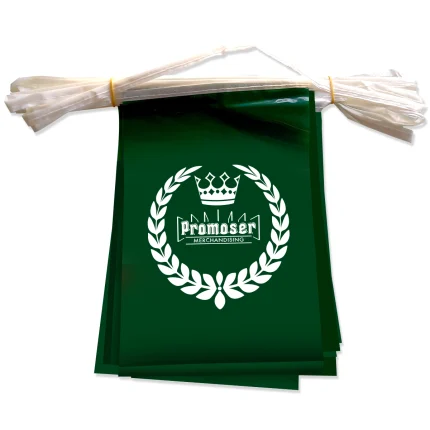 Festoni bandierine rettangolari personalizzate. Festoni da 10 metri, con bandierine personalizzate 20x30 cm. Materiale in polietilene.