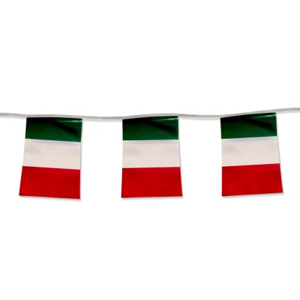 Filari bandierine rettangolari Italia. Festoni da 10 metri, con bandierine italiane 20x30 cm. Materiale in polietilene.