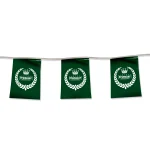 Filari bandierine rettangolari personalizzate. Festoni da 10 metri, con bandierine personalizzate 20x30 cm. Materiale in polietilene.